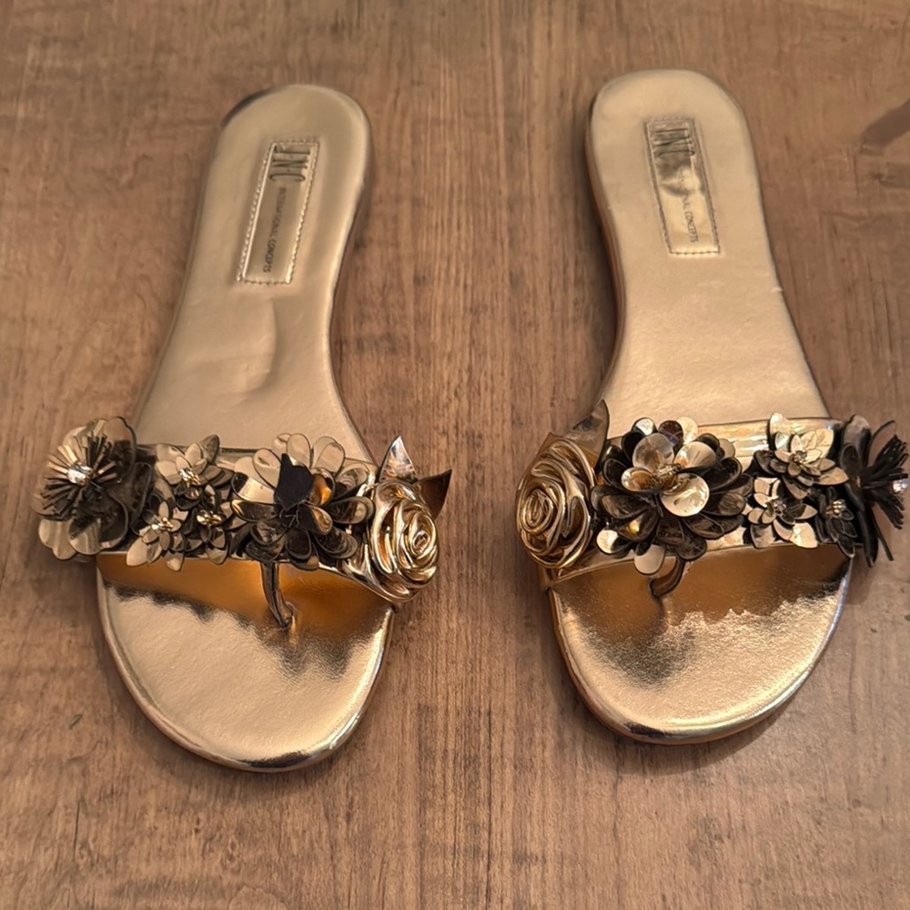 INC International Concepts Gold Slide Sandals with Floral Embellishments